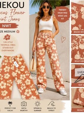 Shekou Hibiscus Flower Print High-Rise Wide Leg Jeans - Rust & Cream